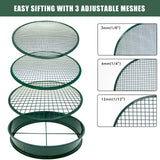 KOOLPUG Garden Sieve, 3 in 1 Metal Soil Sieve with Interchangeable Mesh Sizes 12mm/6mm/3mm, Fine Mesh Sieve Garden, Garden Riddle, Gardening Tool