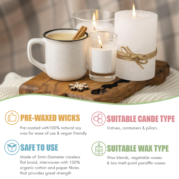 KOOLPUG Candle Wicks, 120 Pcs Organic Soy Pre-Waxed 100% Cotton Candle –  Koolpug LTD